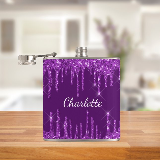 Purple glitter drips monogram name hip flask (Creator Uploaded)