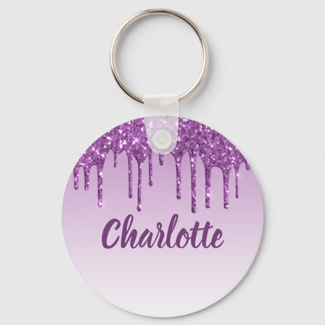 Purple glitter drips monogram name key ring (Front)
