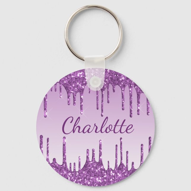 Purple glitter drips monogram name key ring (Front)