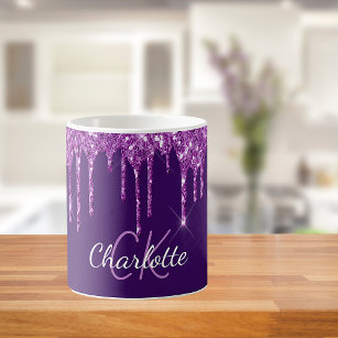Purple glitter drips monogram name script  coffee mug