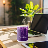 Purple glitter drips monogram name script  coffee mug