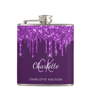 Purple glitter drips monogram name script  hip flask