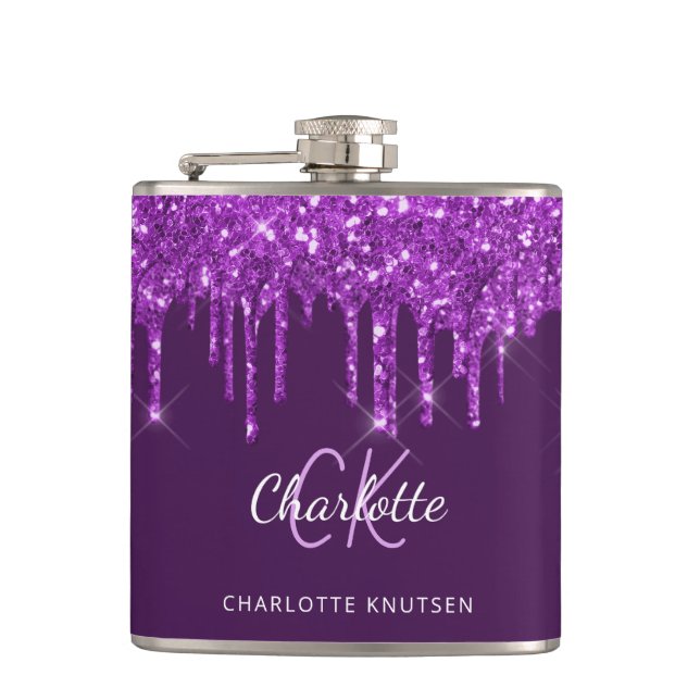 Purple glitter drips monogram name script  hip flask (Front)