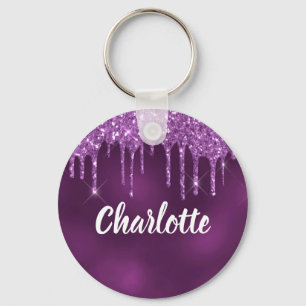 Purple glitter drips name key ring
