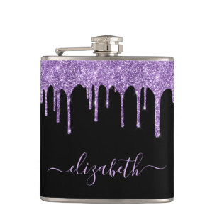 Purple Glitter Drips Personalised Black Flask