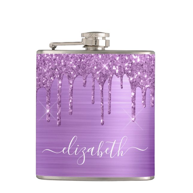 Purple Glitter Drips Personalised Hip Flask (Front)