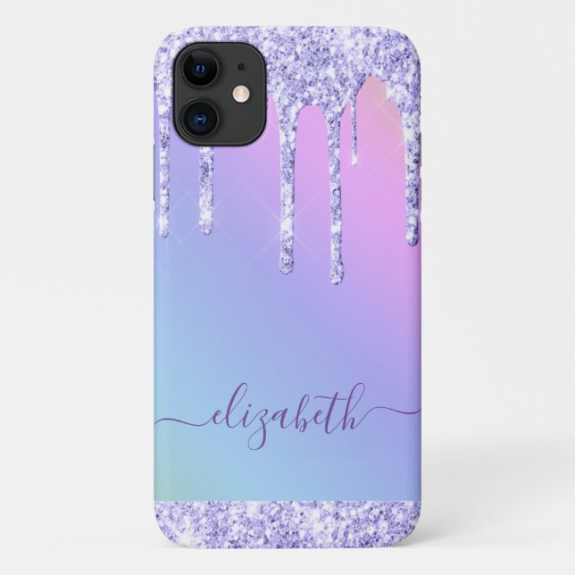 Purple Glitter Drips Personalised Rainbow Case-Mate iPhone Case (Back)