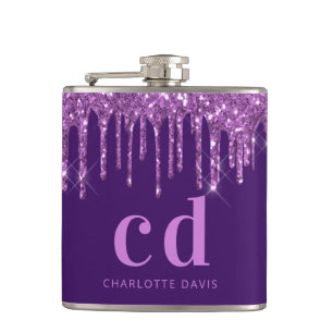Purple glitter drips pink custom monogram name hip flask