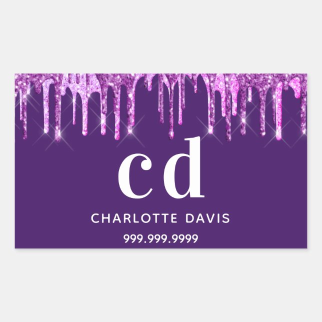Purple glitter drips pink custom name rectangular sticker (Front)