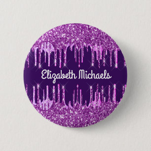 Purple glitter drips pink custom name tag 6 cm round badge