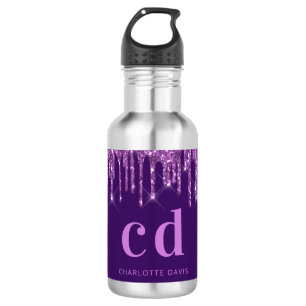 Purple glitter drips pink monogram name 532 ml water bottle