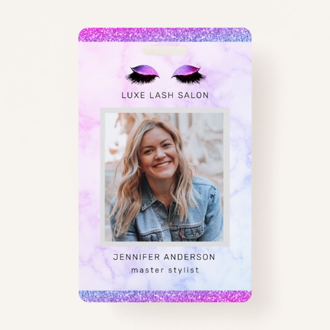 Purple Glitter Drips Salon Logo Photo Stylist ID Badge (Front)