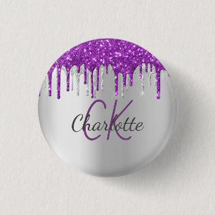 Purple glitter drips silver monogram name 3 cm round badge