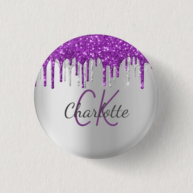 Purple glitter drips silver monogram name 3 cm round badge (Front)