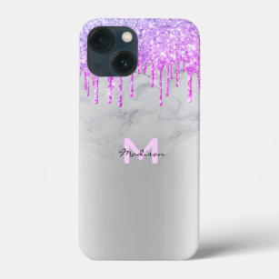 Purple Glitter Drips Sparkles Marble Name iPhone 13 Mini Case