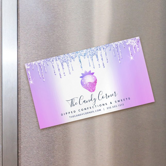 Purple Glitter Drips Strawberry Confection Sweets Magnetic Business Card (Creator Uploaded)