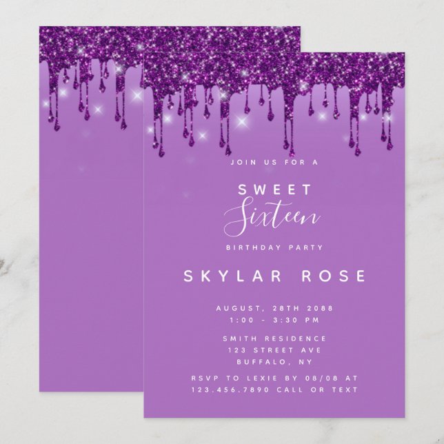 Purple Glitter Drips Sweet Sixteen Birthday Party Invitation (Front/Back)
