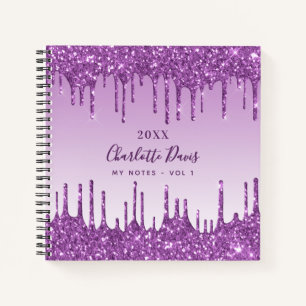 Purple glitter drips violet monogram glamourous notebook