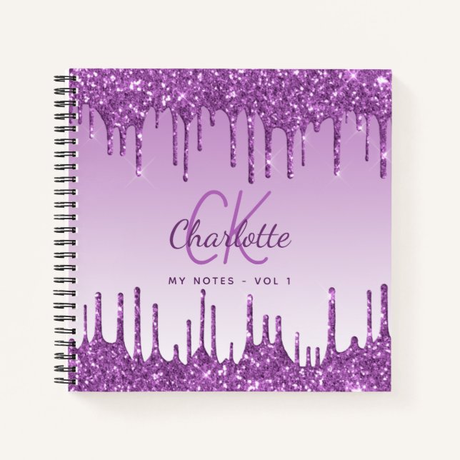 Purple glitter drips violet monogram notebook (Front)