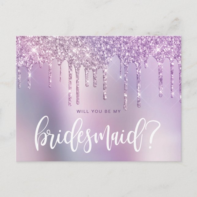 Purple glitter drips will you be my bridesmaid invitation postcard (Front)
