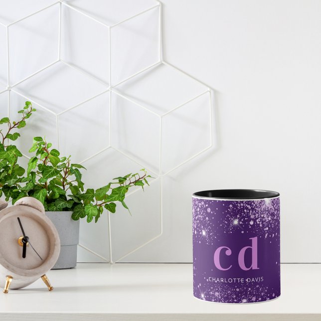 Purple glitter drops monogram name  mug (Creator Uploaded)