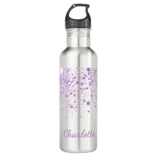 Purple glitter drops monogram white script 710 ml water bottle