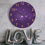 Purple glitter dust gold large clock<br><div class="desc">A deep purple background colour.  Decorated with faux glitter dust.  Golden numbers.</div>