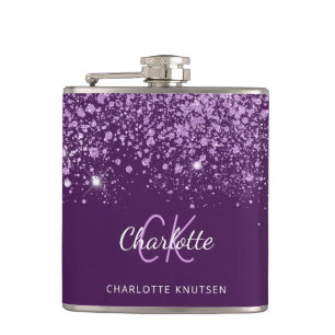 Purple glitter dust monogram name script  hip flask