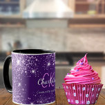 Purple glitter dust monogram name script mug<br><div class="desc">A girly and trendy monogrammed mug. A chic deep purple background decorated with faux glitter drops,  dust. Personalize and add your first name,  monogram initials and full name. Purple and white colored letters.</div>