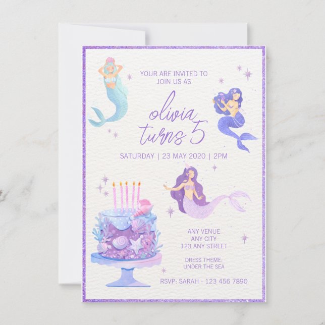 Purple Glitter & Enchanting Mermaid Under sea Invitation (Front)