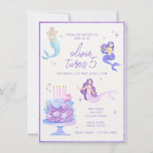 Purple Glitter & Enchanting Mermaid Under sea Invitation
