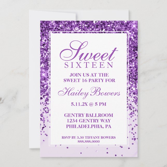 Purple Glitter Fab Sweet Sixteen Invitation (Front)