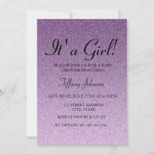 Purple Glitter Faux its A Girl  Baby Shower Invite