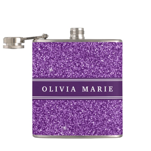 Purple Glitter (faux) Personalised Name Hip Flask (Opened)