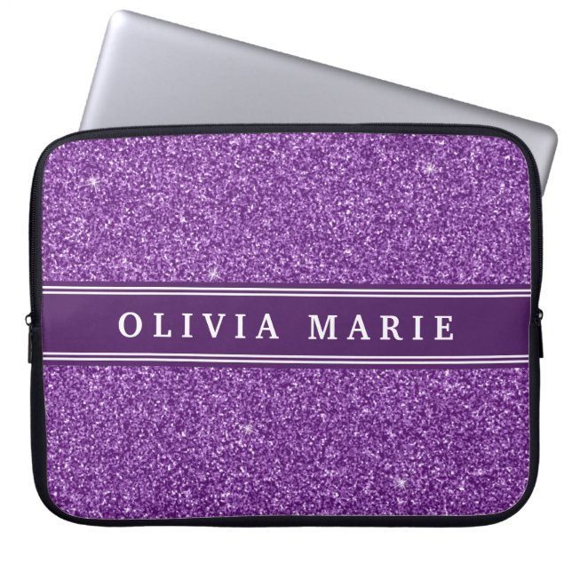 Purple Glitter (faux) Personalised Name Laptop Sleeve (Front)