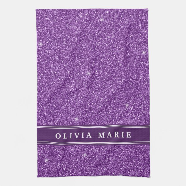 Purple Glitter (faux) Personalised Name Tea Towel (Vertical)