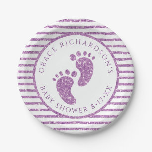 Purple Glitter Feet Baby Shower Party Paper Plate
