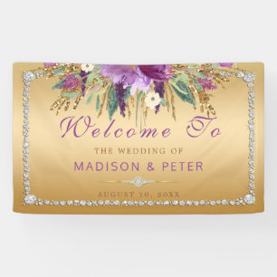 Purple Glitter Flowers Diamonds Gold Wedding Banner