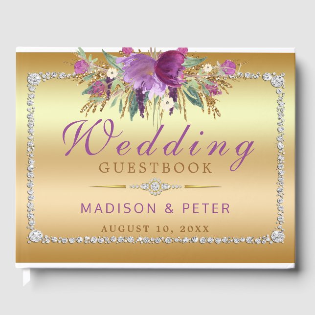 Purple Glitter Flowers Diamonds Gold Wedding Guest Book (Front)