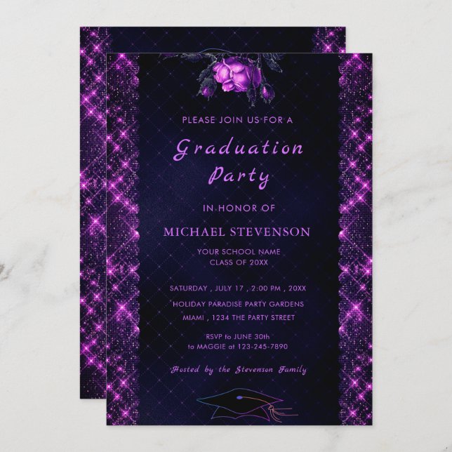 Purple Glitter Framed Black Graduation Invitation (Front/Back)