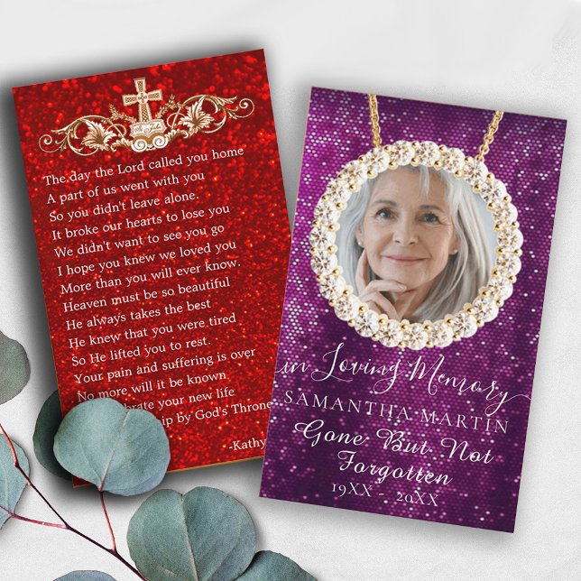 Purple Glitter Funeral Memorial Prayer Photo Card (Creator Uploaded)