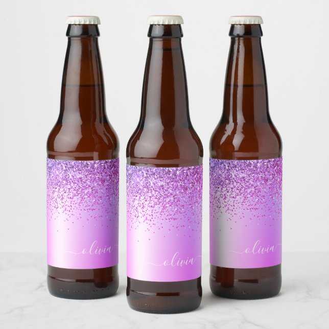 Purple Glitter Glam Metal Monogram Name Beer Bottle Label (Bottles)
