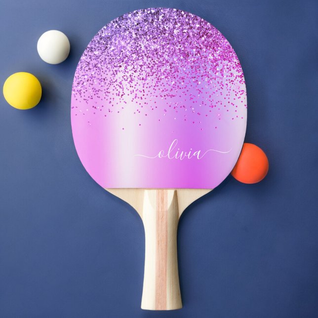 Purple Glitter Glam Metal Monogram Name Ping Pong Paddle (Creator Uploaded)