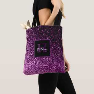 Purple glitter glam shiny girly monogrammed tote bag