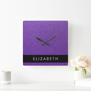 Purple Glitter, Glitter Background, Your Name Square Wall Clock