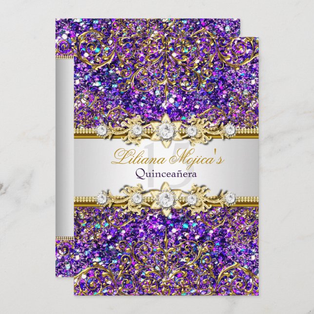 Purple Glitter & Gold Damask Quinceanera Invite (Front/Back)