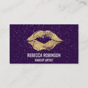 Purple Glitter Gold Lipstick Kiss Business Card