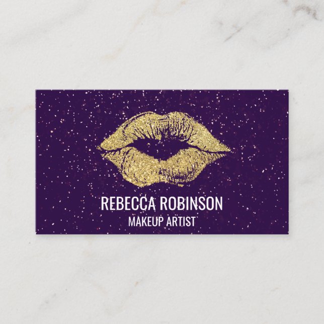 Purple Glitter | Gold Lipstick Kiss Business Card (Front)