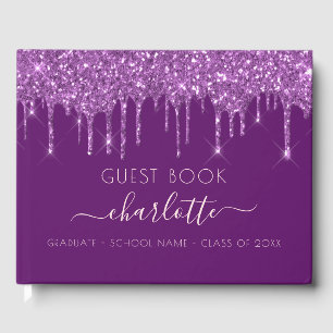 Purple glitter graduation party guest book
