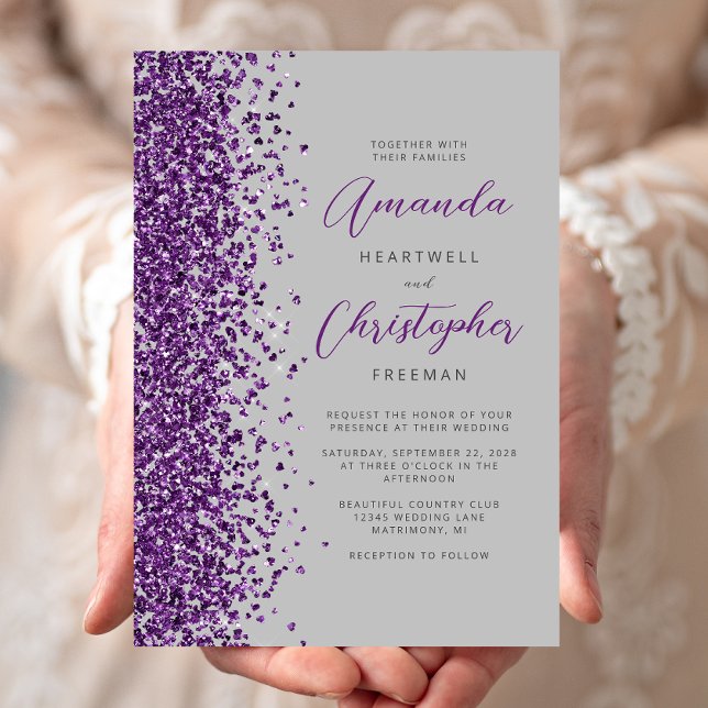 Purple Glitter Grey Modern Script Wedding Invitation (Creator Uploaded)